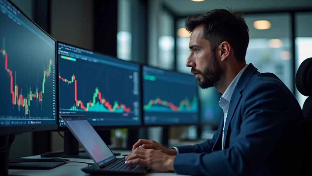 Trader olhando para múltiplos monitores com gráficos, analisando padrões de preço e níveis históricos
