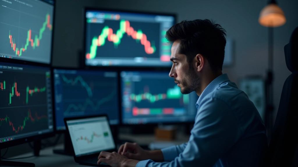 Trader analisando gráficos de velas em múltiplas telas de computador em estação de trabalho profissional