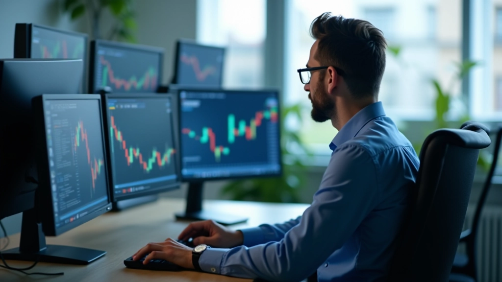 Operador de trading analisando gráficos em múltiplos monitores em ambiente profissional